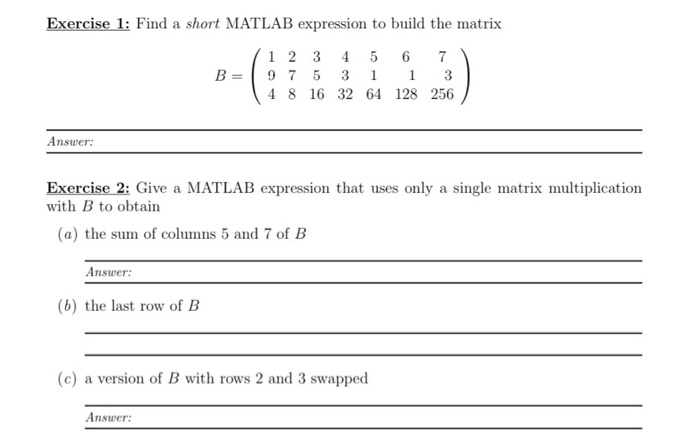Solved Exercise 1: Find a short MATLAB expression to build | Chegg.com