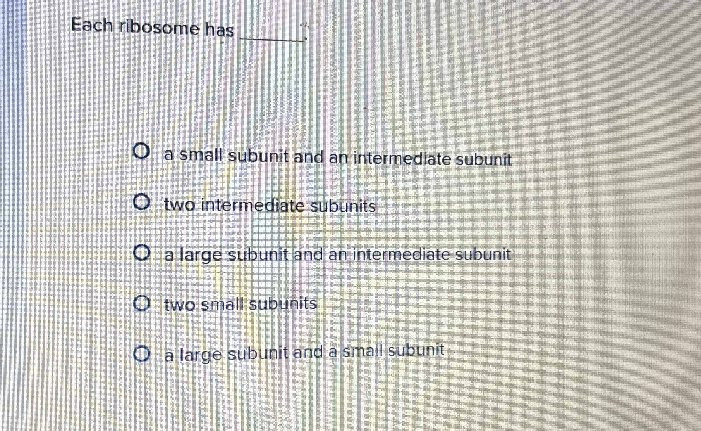 Solved Each ribosome has q,a small subunit and an | Chegg.com