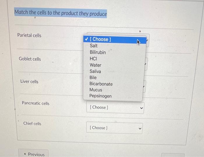 Solved Match the cells to the product they produce Parietal | Chegg.com