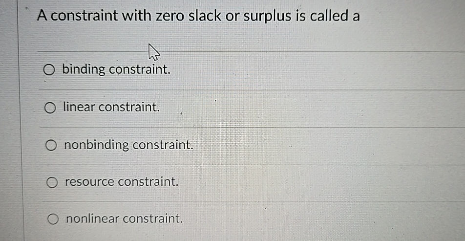Solved A constraint with zero slack or surplus is called | Chegg.com