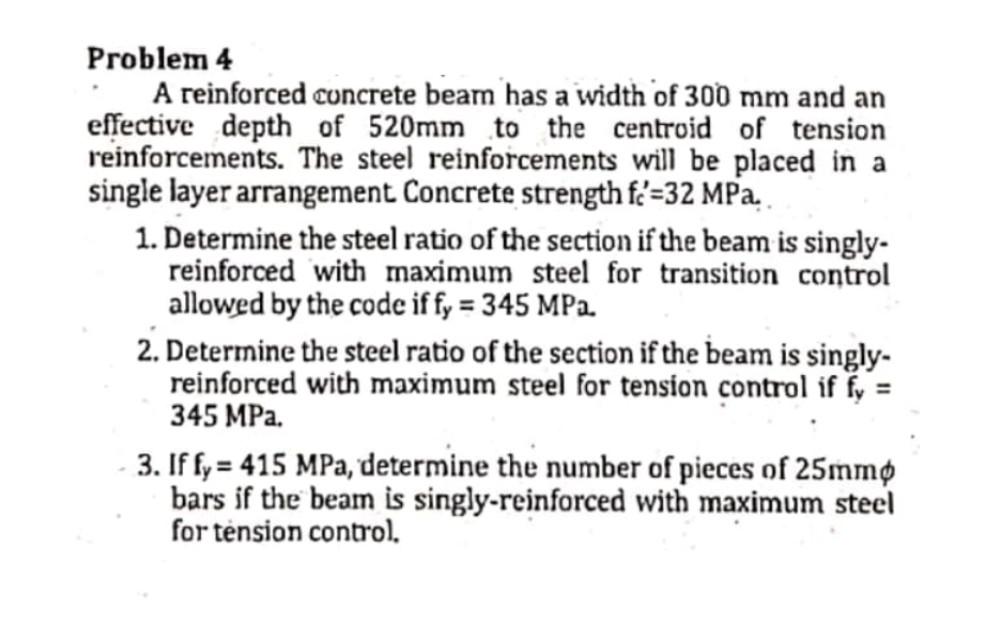 Solved A Reinforced Concrete Beam Has A Width Of 310mm And An