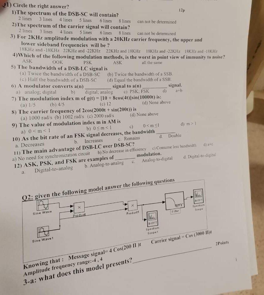 Solved 1) The spectrum of the DSB-SC will contain? 12p 2 | Chegg.com