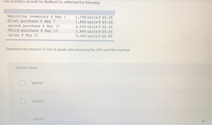 Solved The Inventory Records For Radford Co Reflected The Chegg Com