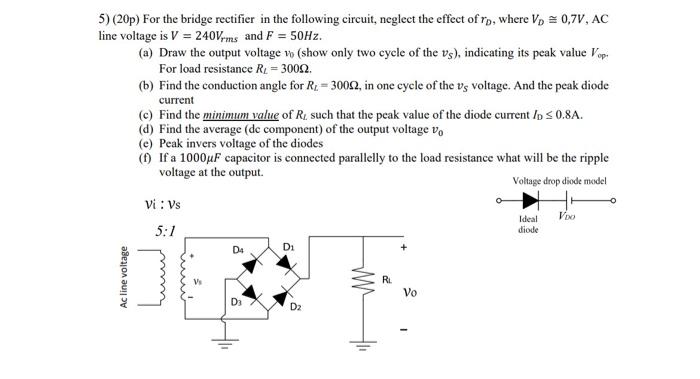 Solved 5) (20p) For the bridge rectifier in the following | Chegg.com