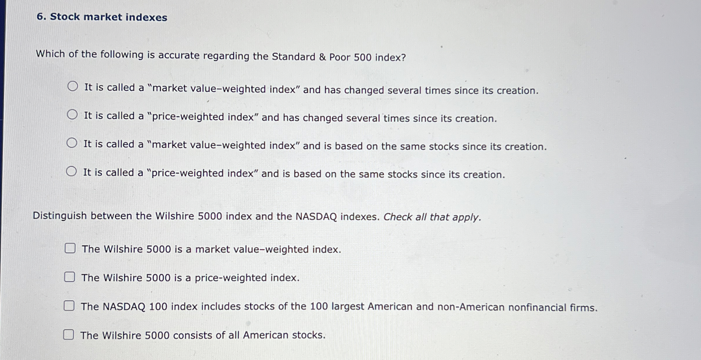 Solved Stock market indexesWhich of the following is | Chegg.com