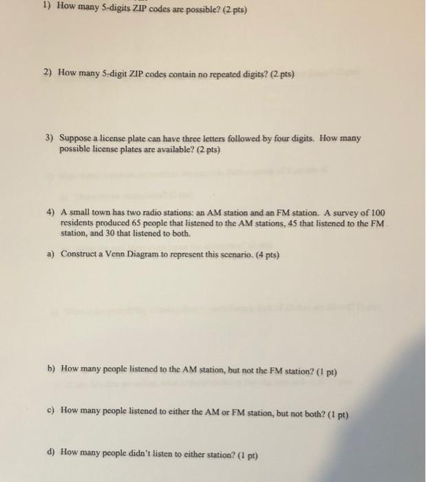 Solved 1) How many 5digits ZIP codes are possible? (2 pts)