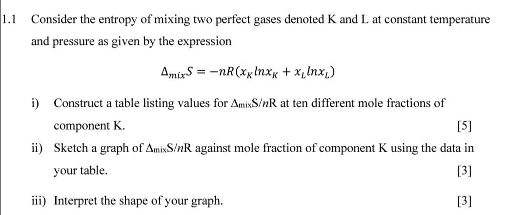 Solved 1.1 Consider the entropy of mixing two perfect gases | Chegg.com