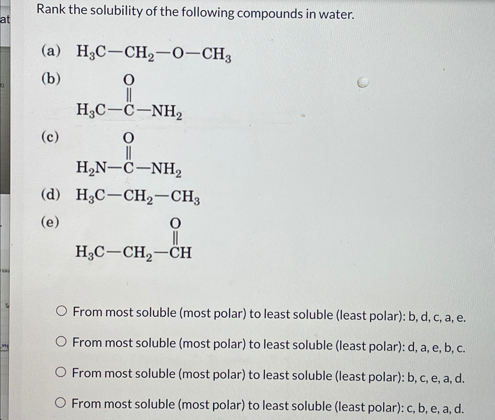 Solved Rank the solubility of the following compounds in | Chegg.com