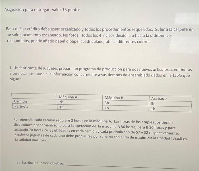 Asignación para entregar: Valor 15 puntos. Para recibir crédito debe estar organizado y todos los procedimientos requeridos.