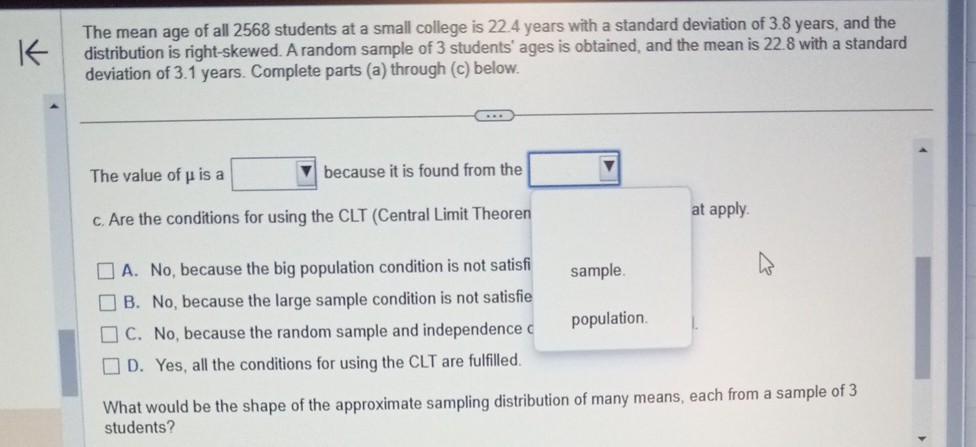 Solved The mean age of all 2568 students at a small college | Chegg.com