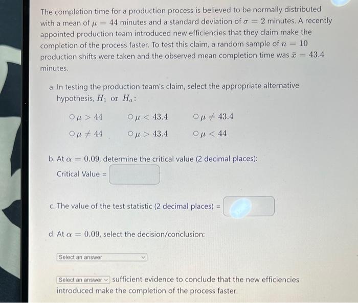 Solved The completion time for a production process is | Chegg.com