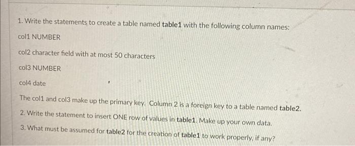 Solved 1. Write the statements to create a table named | Chegg.com