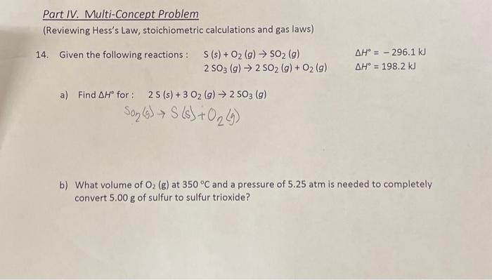 Solved Part IV. Multi-Concept Problem (Reviewing Hess's Law, | Chegg.com