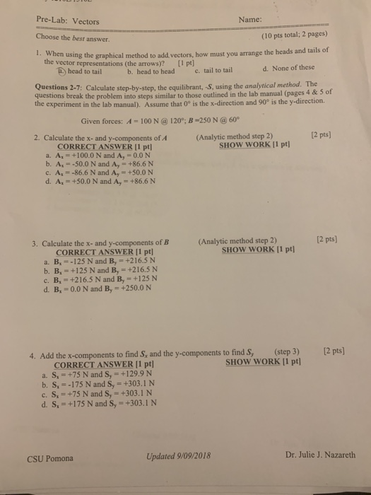 Solved Pre Lab Vectors Name Choose The Best Answer 10