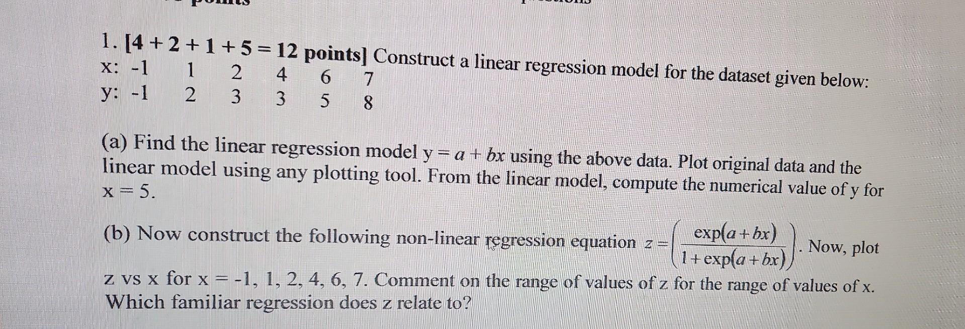 Solved 1. [4+2+1+5=12 points] Construct a linear regression | Chegg.com
