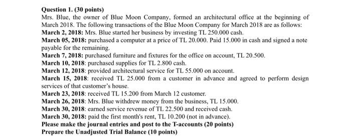 Solved Question 1. (30 points) Mrs. Blue, the owner of Blue | Chegg.com