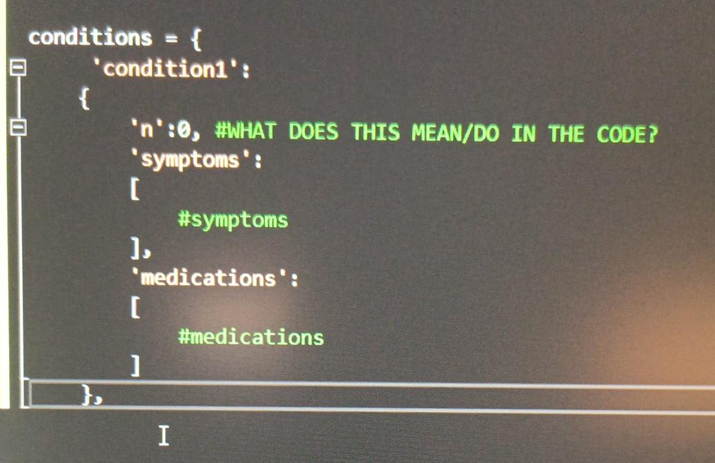 Solved conditions = { E 'condition1': { 'n':0, #WHAT DOES | Chegg.com