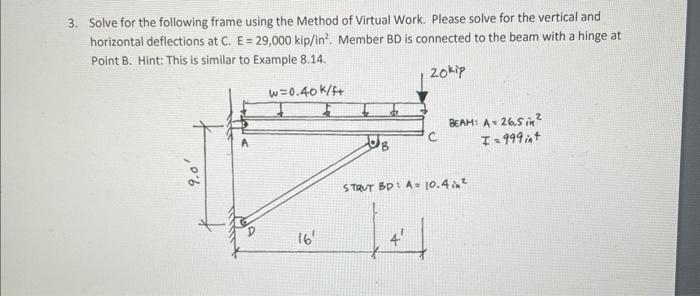 3. Solve for the following frame using the Method of Virtual Work. Please solve for the vertical and horizontal deflections a