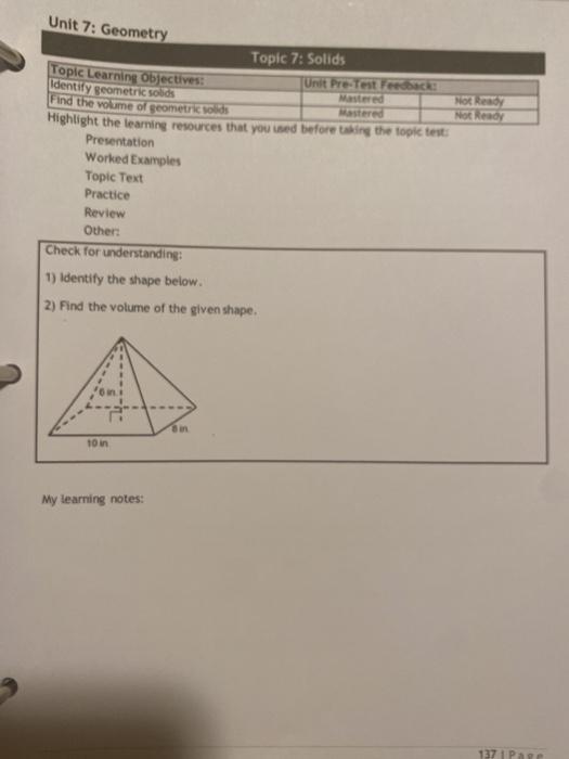 Solved Unit 7: Geometry Topic 7: Solids Topic Learning | Chegg.com