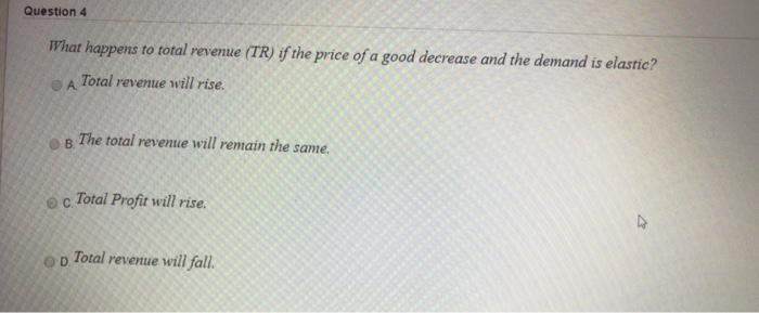 Solved Question 4 What happens to total revenue (TR) if the | Chegg.com
