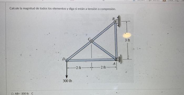 Calcule la magnitud de todos los elementos y diga si están a tensión o compresión.