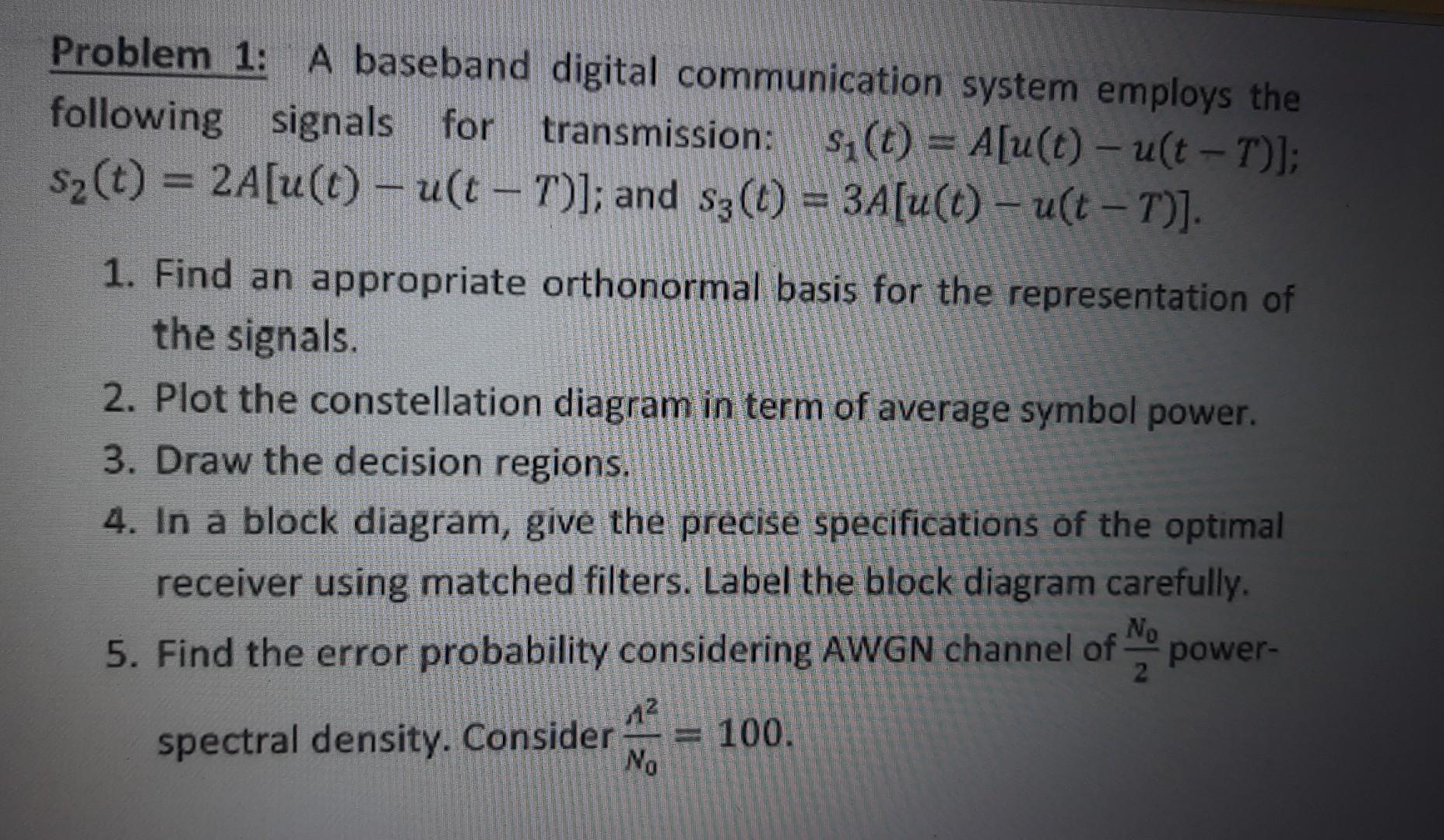 Problem 1: A baseband digital communication system | Chegg.com