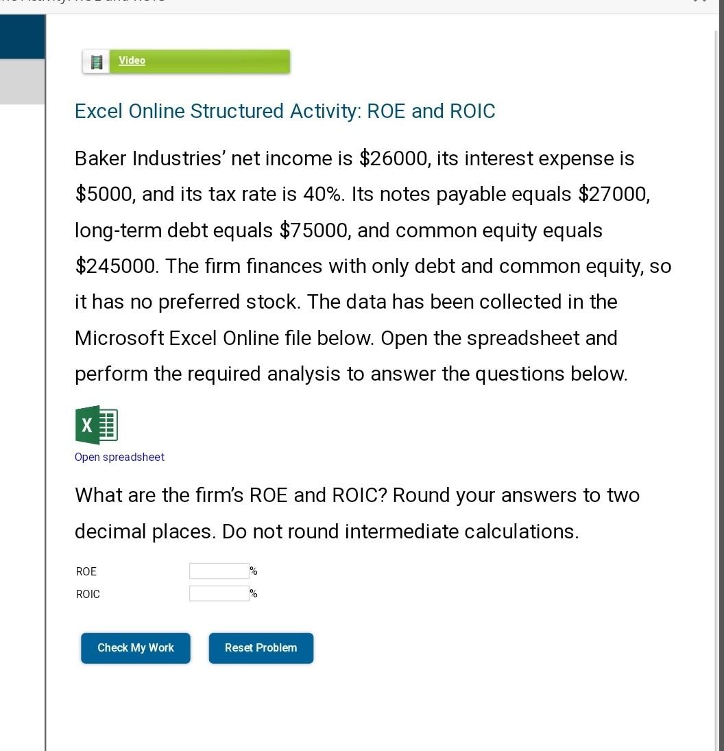 Solved Excel Online Structured Activity ROE and ROIC Baker