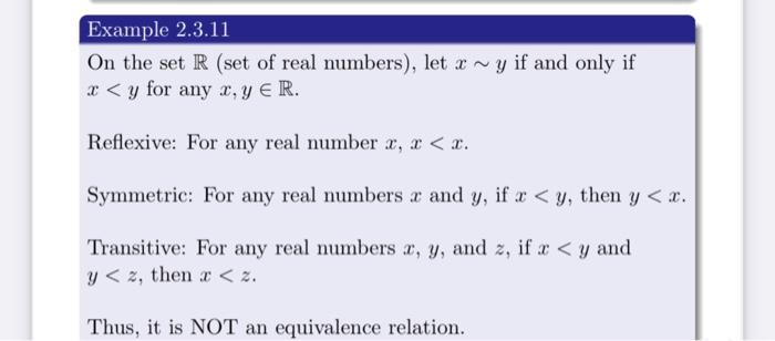 Solved Example 2.3.11 On the set R (set of real numbers), | Chegg.com