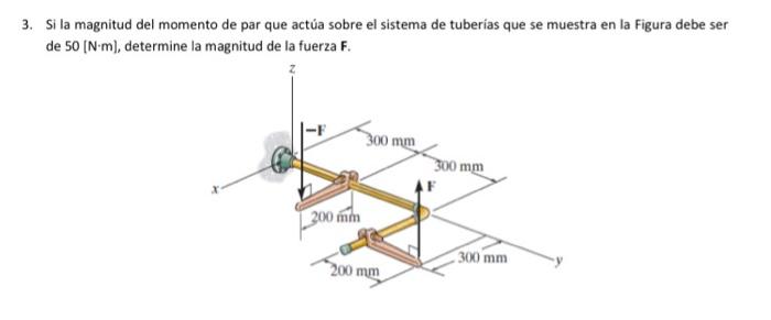 3. Si la magnitud del momento de par que actúa sobre el sistema de tuberias que se muestra en la Figura debe ser de \( 50[\ma