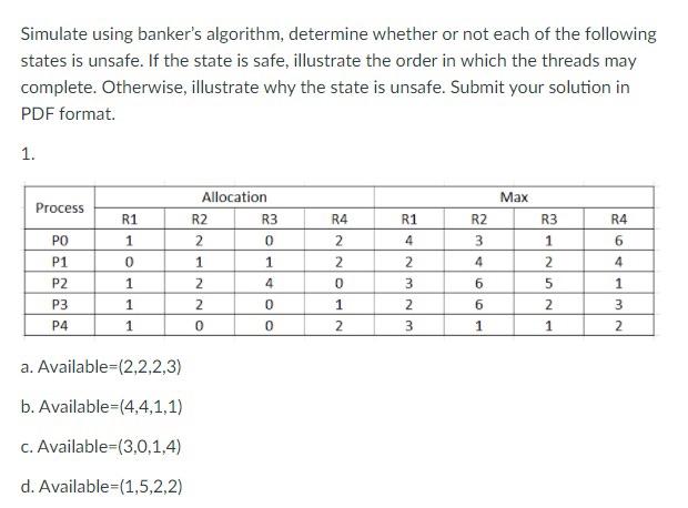 Solved Simulate Using Banker's Algorithm, Determine Whether | Chegg.com