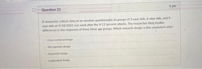 Solved 1 pts Question 21 A researcher collects data on an | Chegg.com