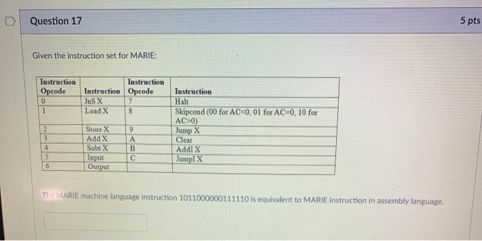Solved D Question 17 5 pts Given the instruction set for | Chegg.com