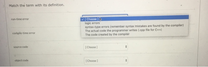 Solved Match the term with its definition. run-time error | Chegg.com