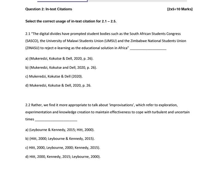 Question 2 In Text Citations 2x5 10 Marks Select Chegg Com