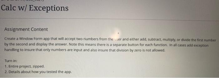 Solved Calc w/ Exceptions Assignment Content Create a Window | Chegg.com