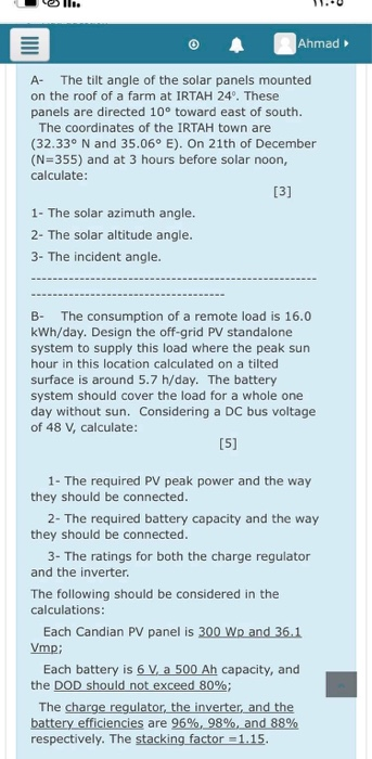 Solved Ahmad A- The tilt angle of the solar panels mounted | Chegg.com
