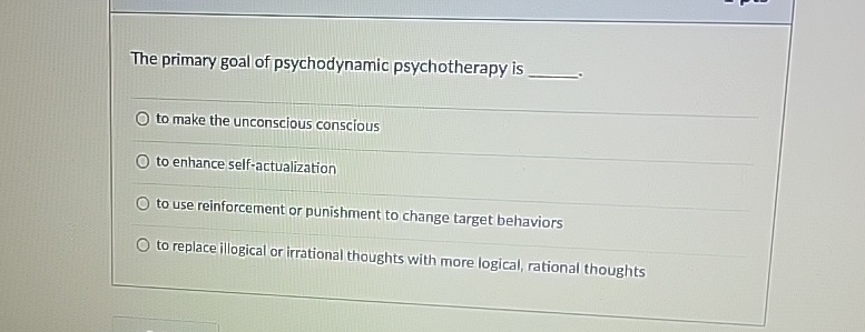 Solved The primary goal of psychodynamic psychotherapy isto | Chegg.com