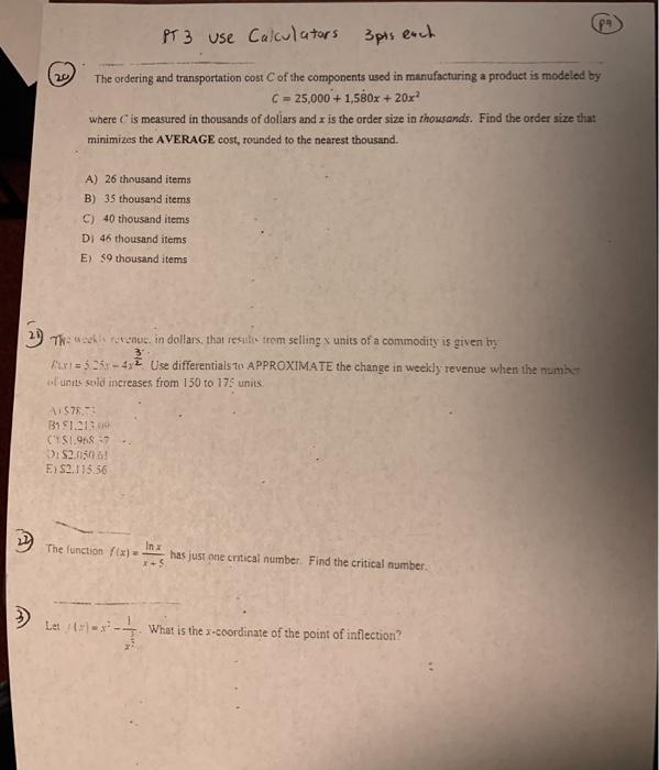 Solved Pa Pt 3 Use Calculators 3pts Each The Ordering Chegg Com