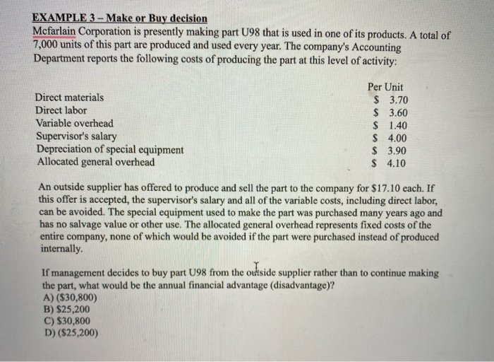 Solved EXAMPLE 3 - Make or Buy decision Mcfarlain | Chegg.com