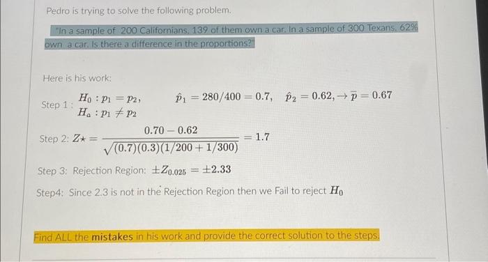 Pedro is trying to solve the following problem. "In a | Chegg.com