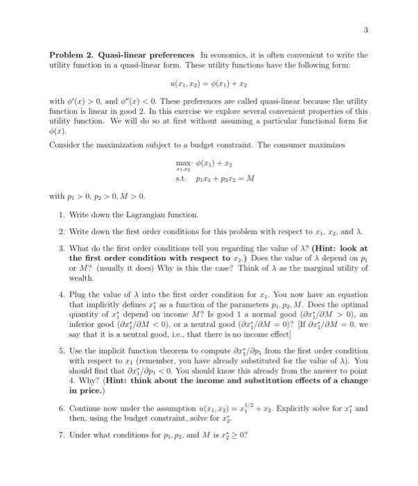 Solved Problem 2. Quasi-linear preferences In economics, it | Chegg.com