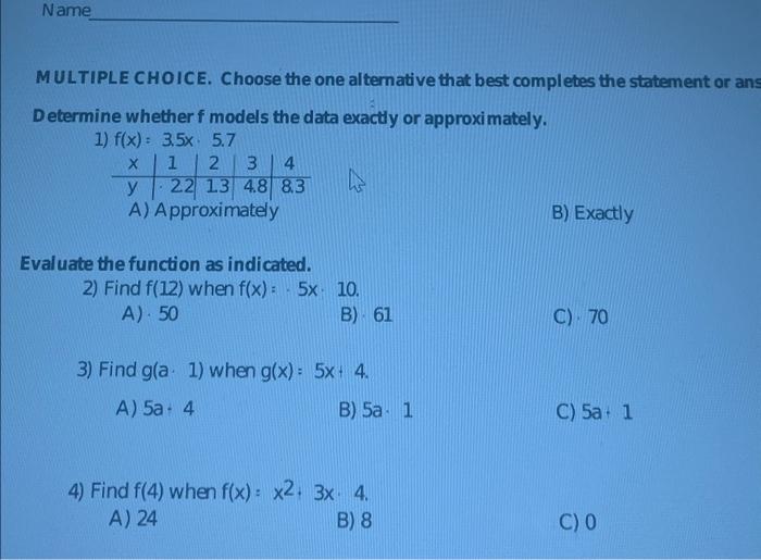 Solved MULTIPLE CHOICE. Choose The One Alternative That Best | Chegg.com