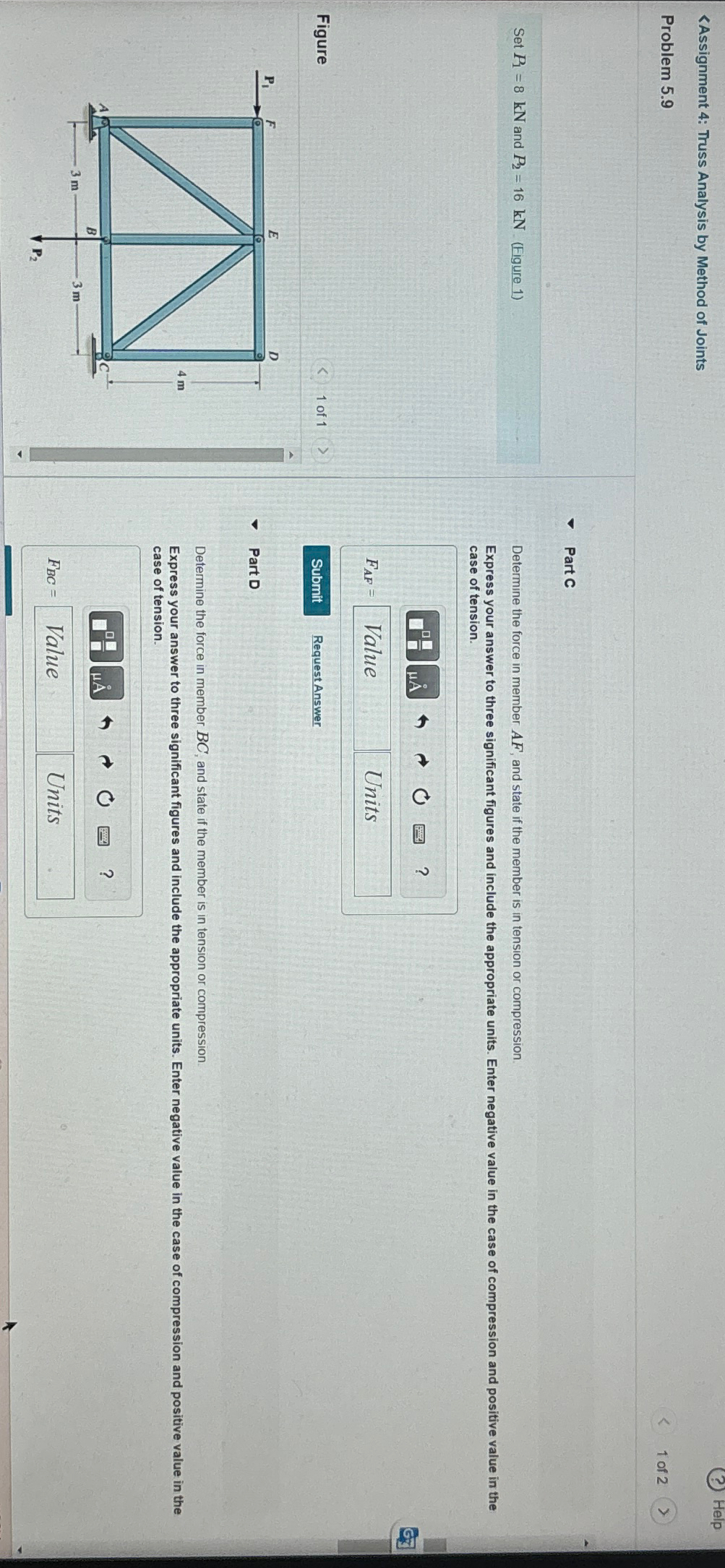 Solved P2=16kN AF BCi P1=8kN ﻿and P2=16kN (Figure 1)Figure | Chegg.com