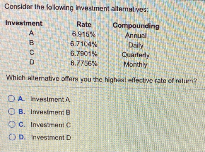 Solved Consider The Following Investment Alternatives. | Chegg.com