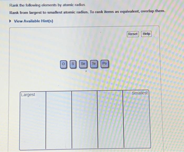 Solved Rank the following elements by atomic radius. Rank | Chegg.com