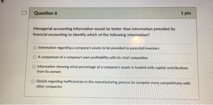 Solved Question 6 1 pts Managerial accounting information | Chegg.com