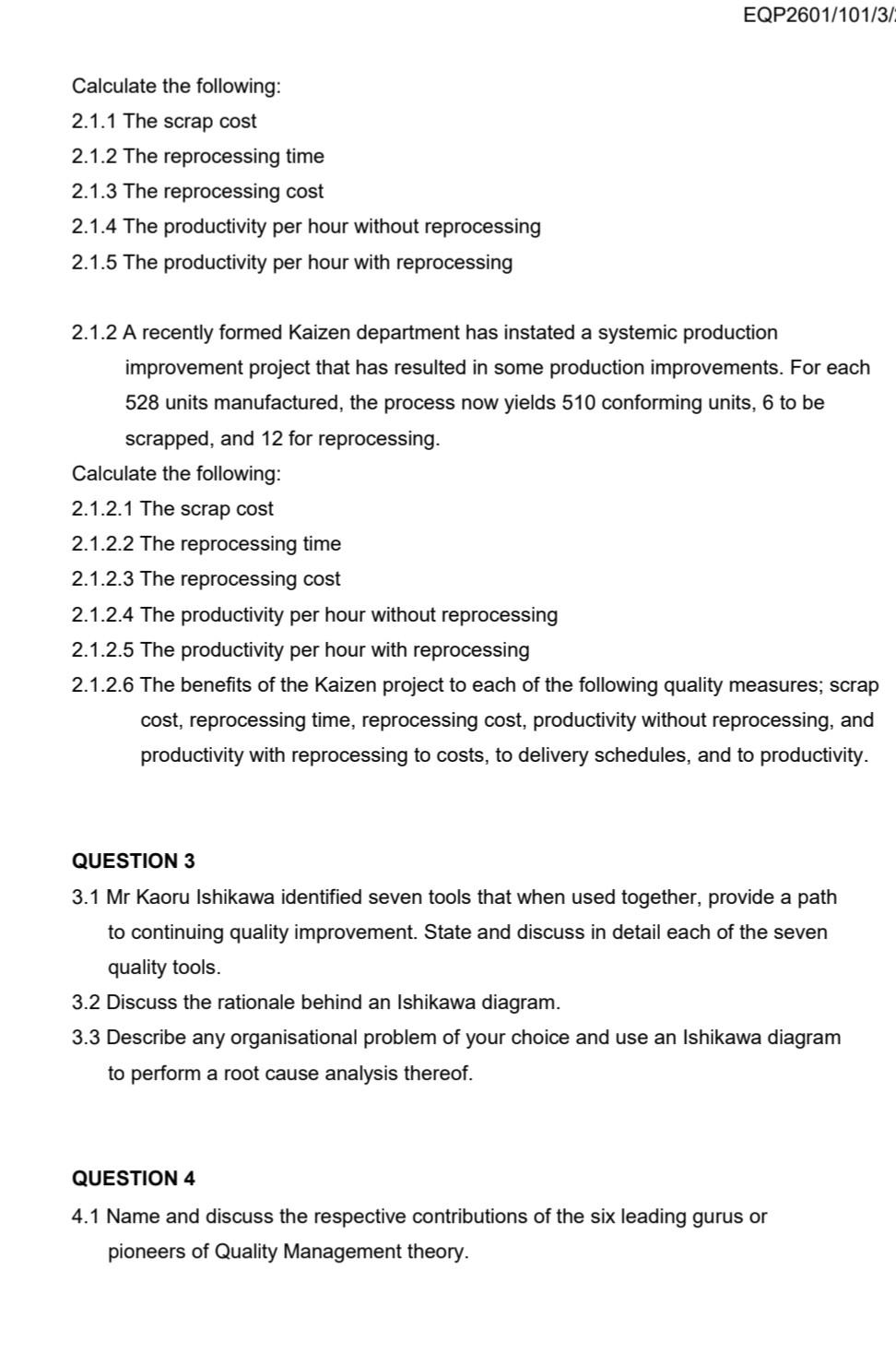 Solved QUESTION 1 1.1 Engineering Quality Planning and | Chegg.com