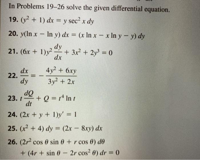 Solved In Problems 19-26 solve the given differential | Chegg.com