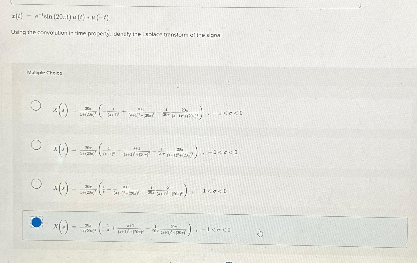 x(t)=e-tsin(20πt)u(t)**u(-t)Using the convolution in | Chegg.com