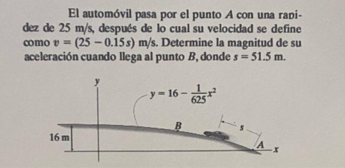 El automóvil pasa por el punto A con una rapi- dez de 25 m/s, después de lo cual su velocidad se define como v = (25 -0.15s)